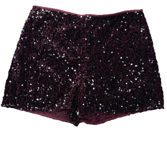 Mango MNG Sequin Shorts Women's US Size M Burgundy Stretch Pull on NEW - Picture 2 of 10